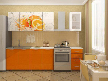 Кухонный гарнитур 1,6м Апельсин (Белый/Оранжевый металлик/Фотопечать апельсин) в Лебедёвке - lebedyovka.mebel54.com | фото